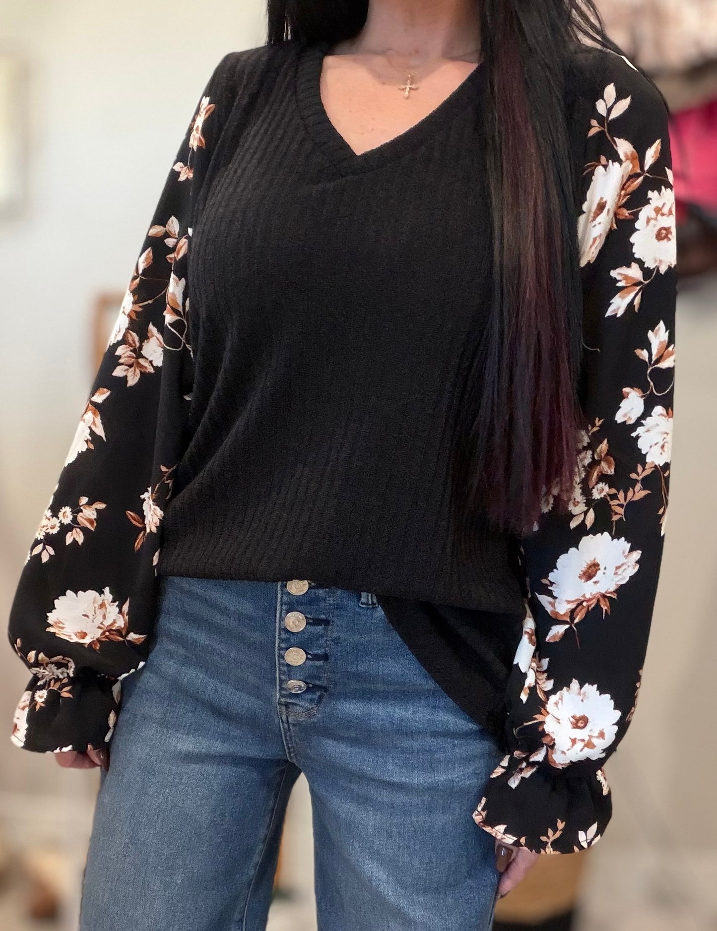 Floral Sleeve Ribbed Top