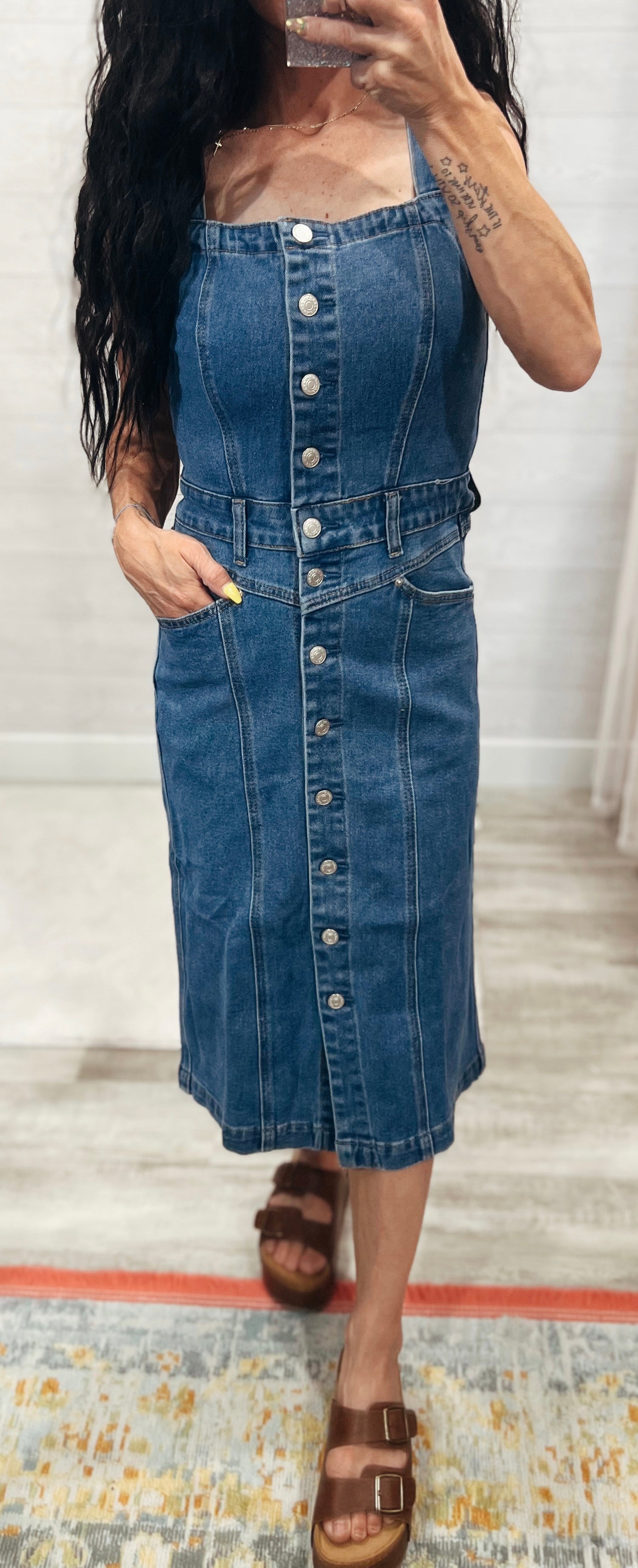 Denim Buttonfront Midi Dress The Pink Pearl Clothing Co. Denim Buttonfront Midi Dress The Pink Pearl Clothing Co.