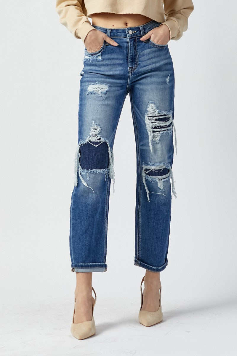 Risen Patched Straight Denim Jeans