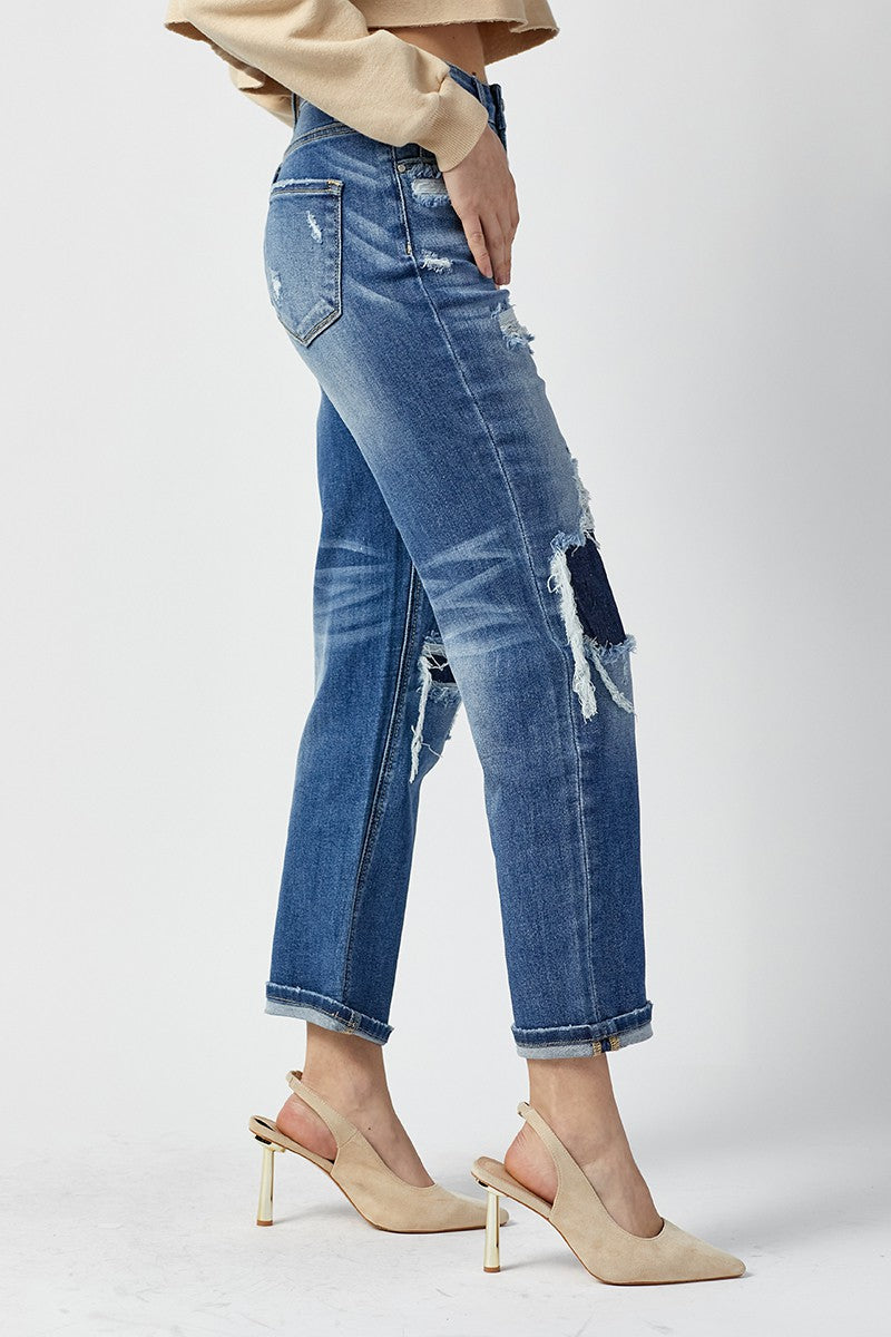 Risen Patched Straight Denim Jeans