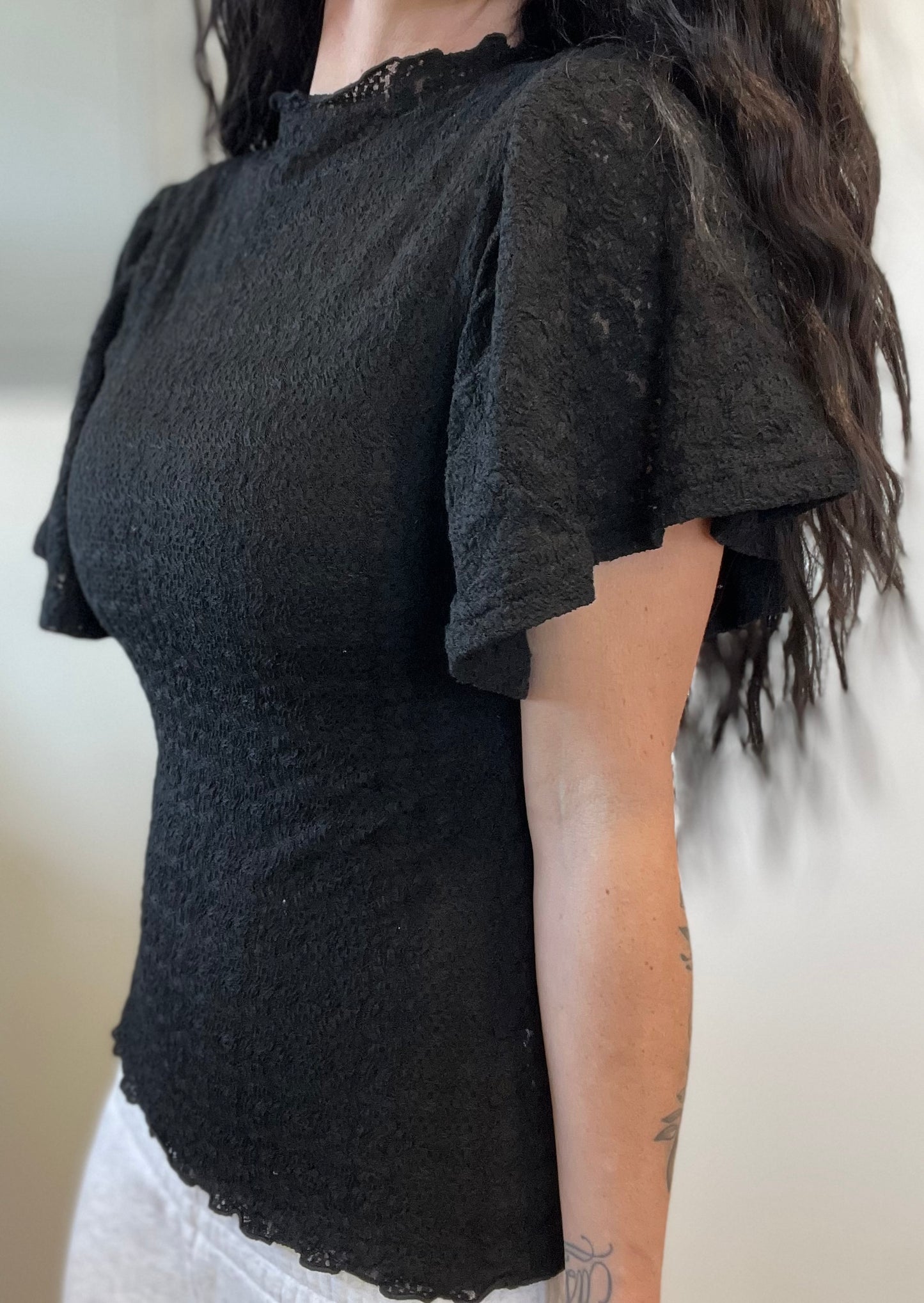 Black Lace Flutter Sleeve Top