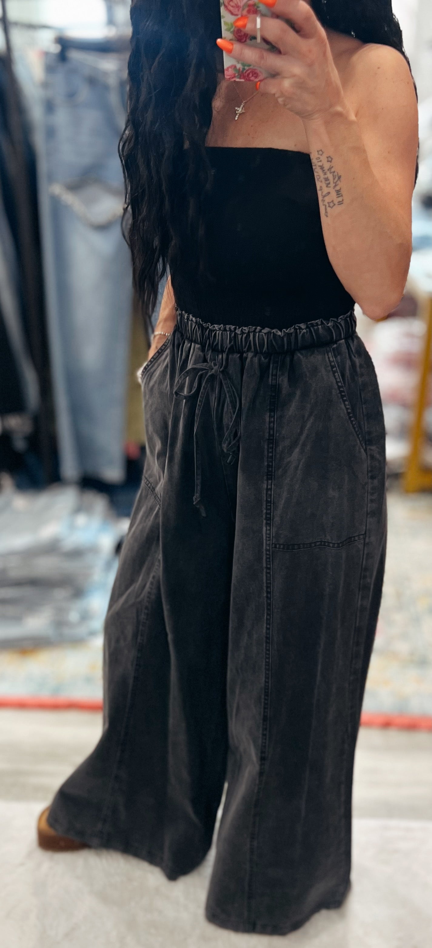 Smocked denim jumpsuit