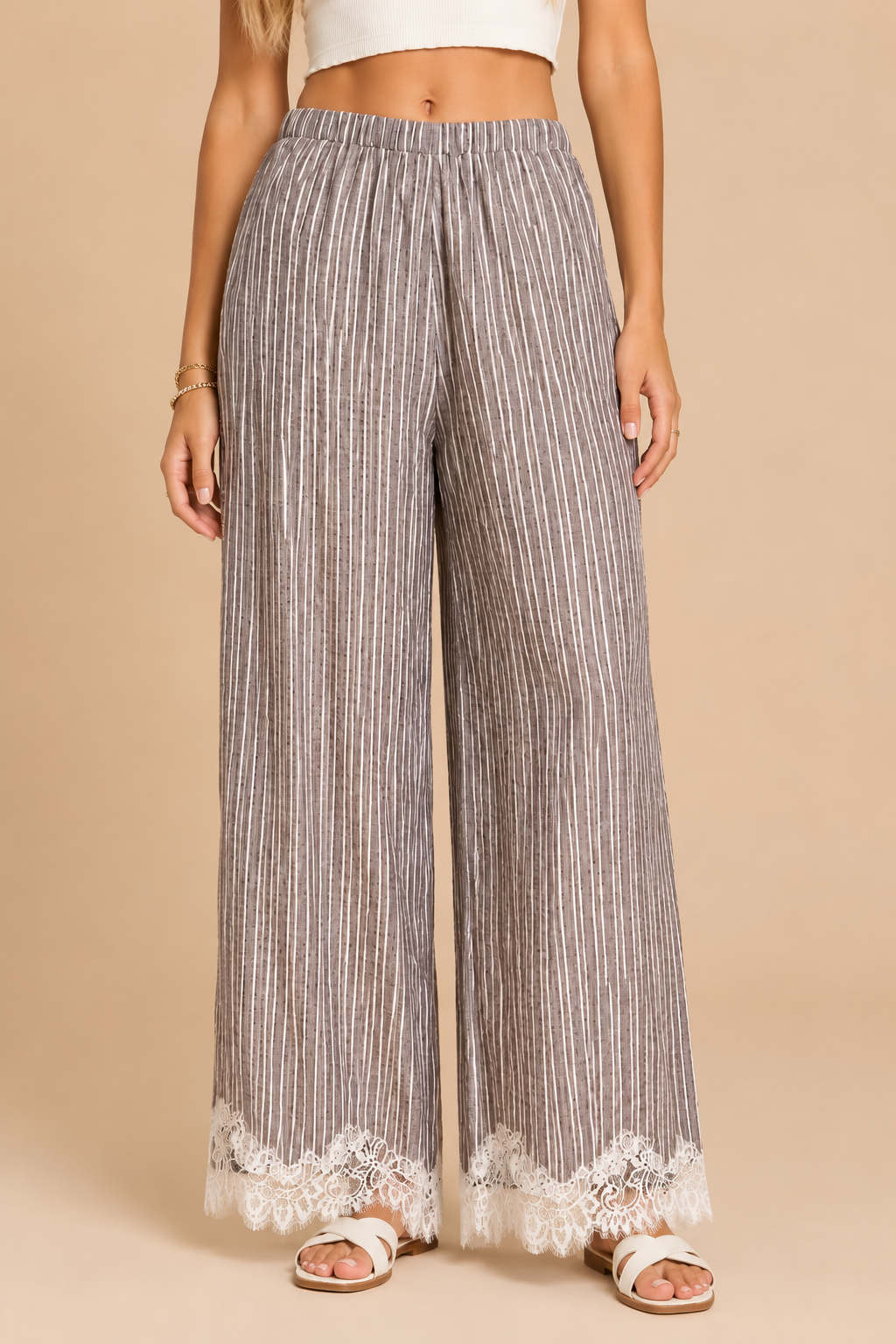 Striped Lace Hem Wide Pants