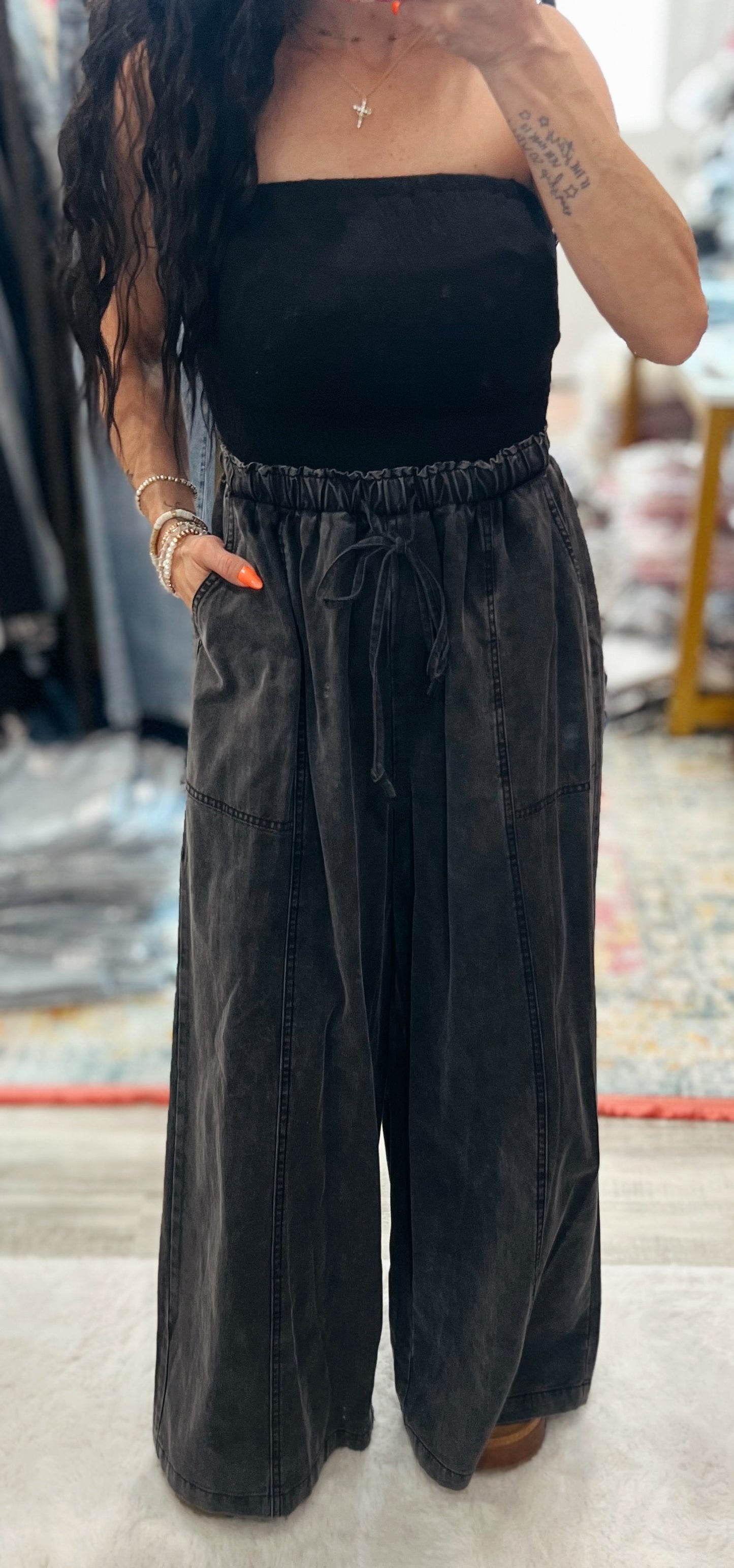 Smocked denim jumpsuit