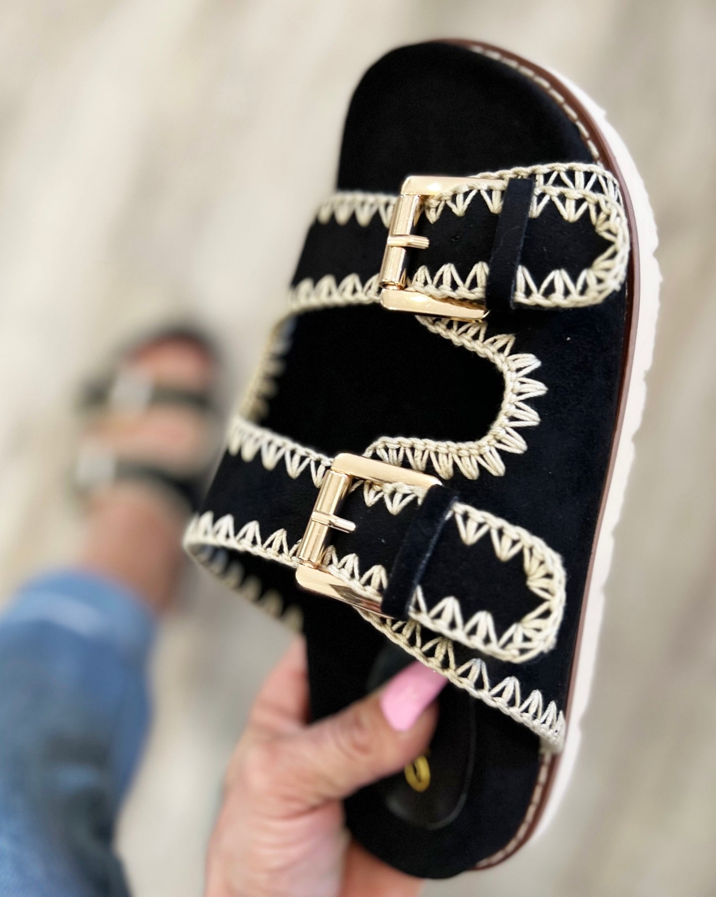 Black Stitched Sandals