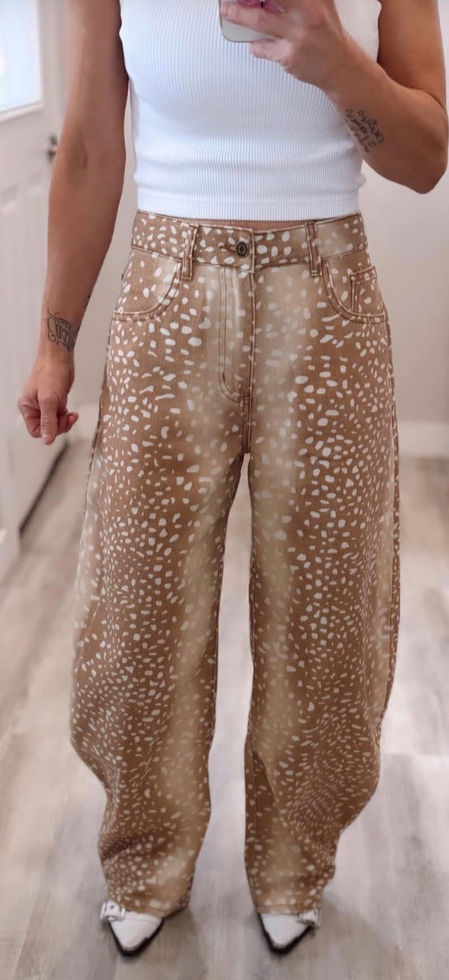 Deer Print Barrel Denim Pants