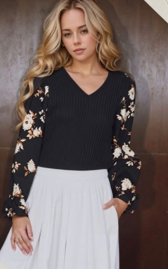 Floral Sleeve Ribbed Top