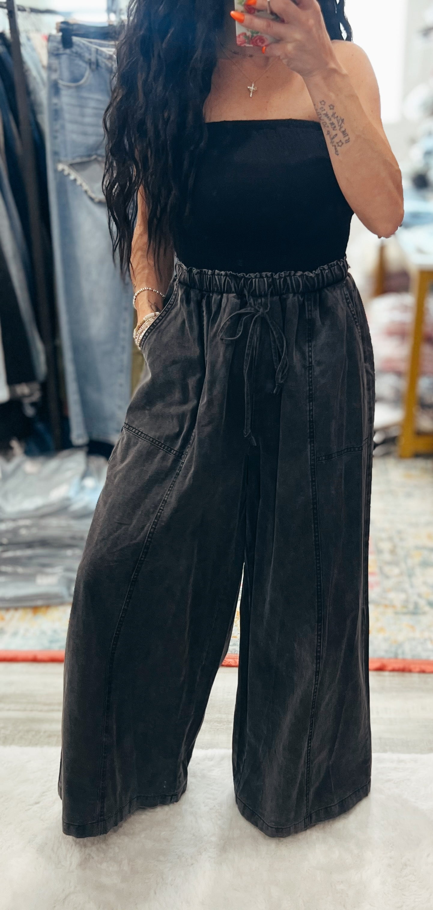 Smocked denim jumpsuit