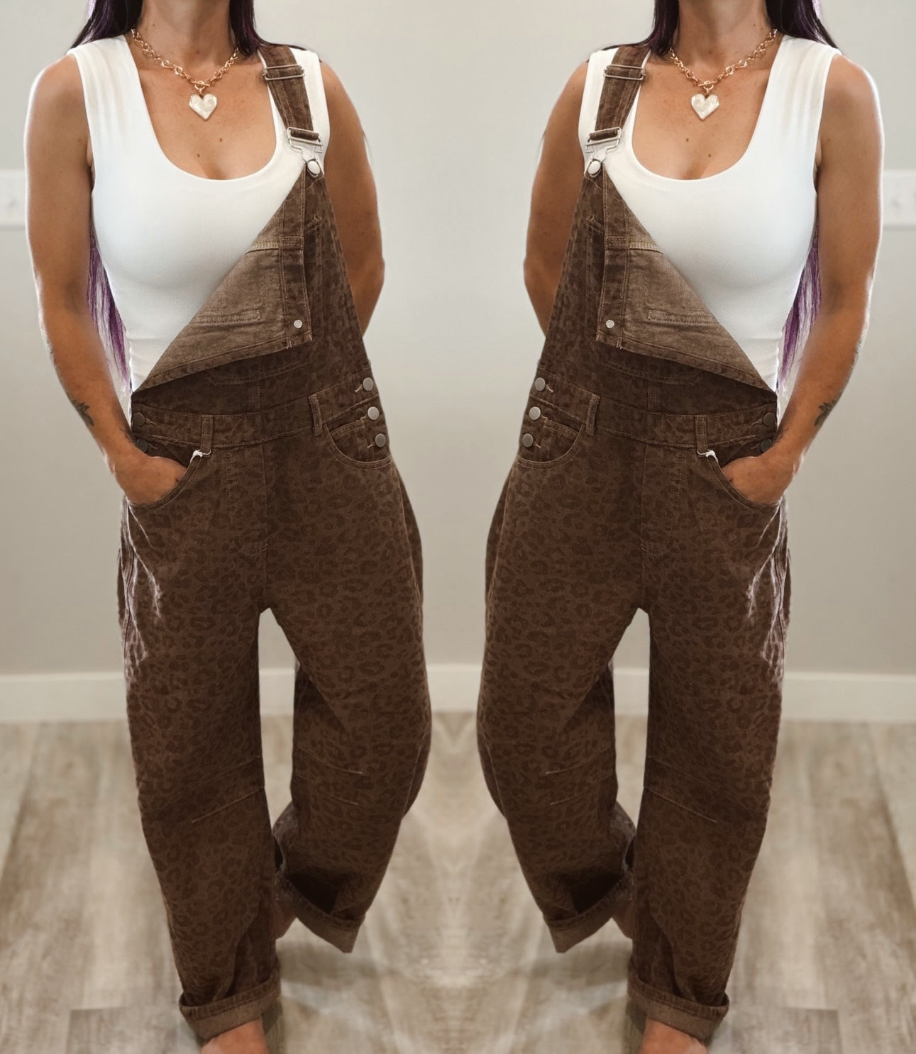 Vintage Mocha Leopard Barrel Overalls