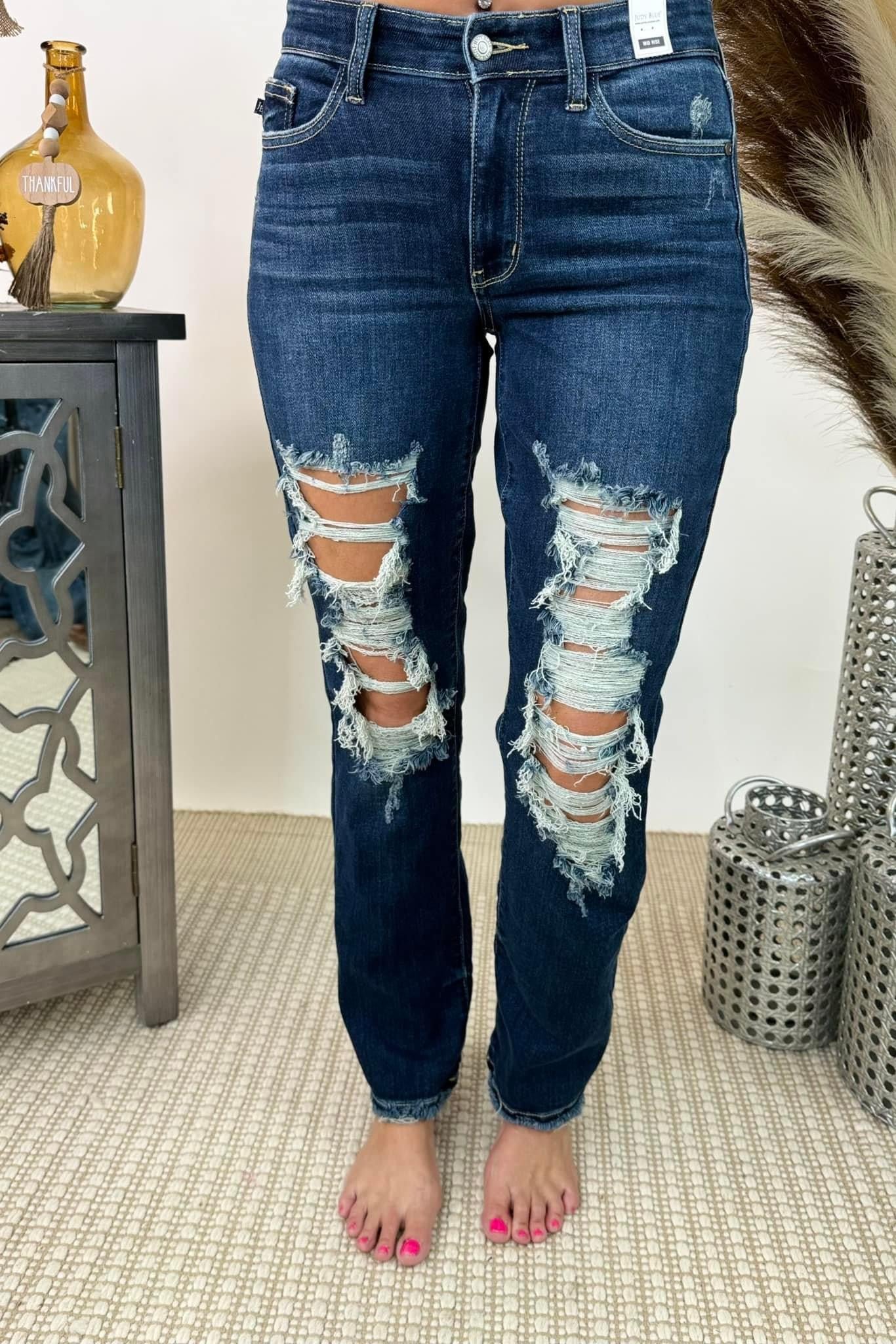 Judy Blue Mid Rise Destroyed Straight Leg Denim