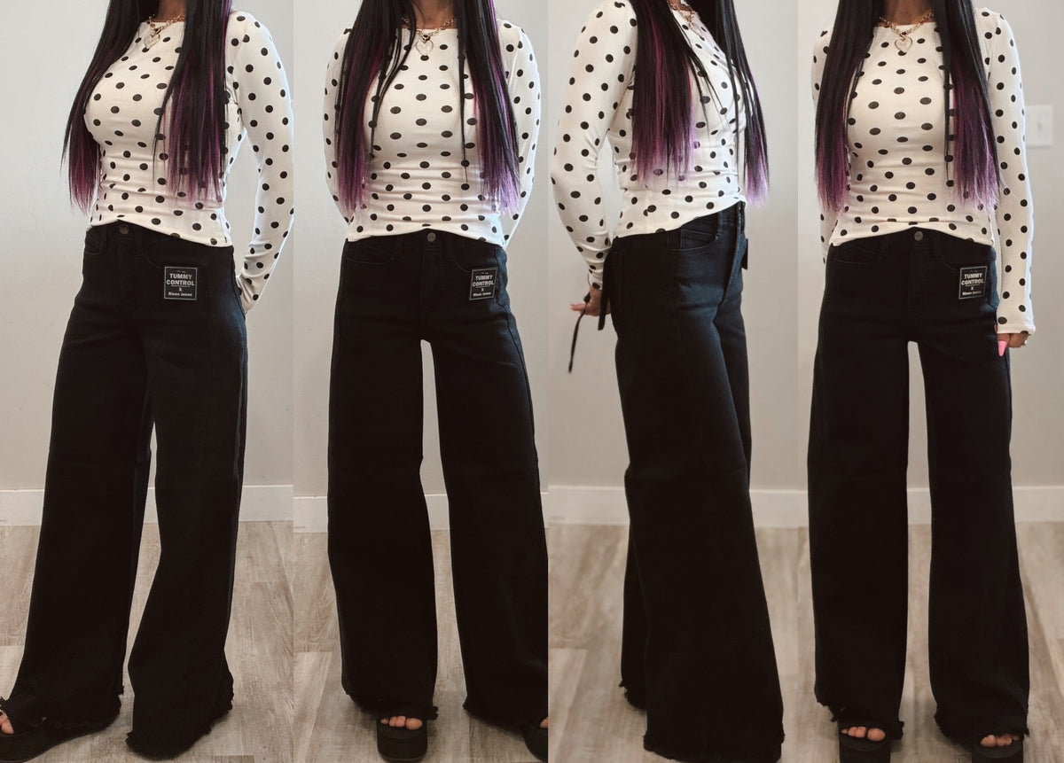 Boat Neck Long Sleeve Polka Dot Tops