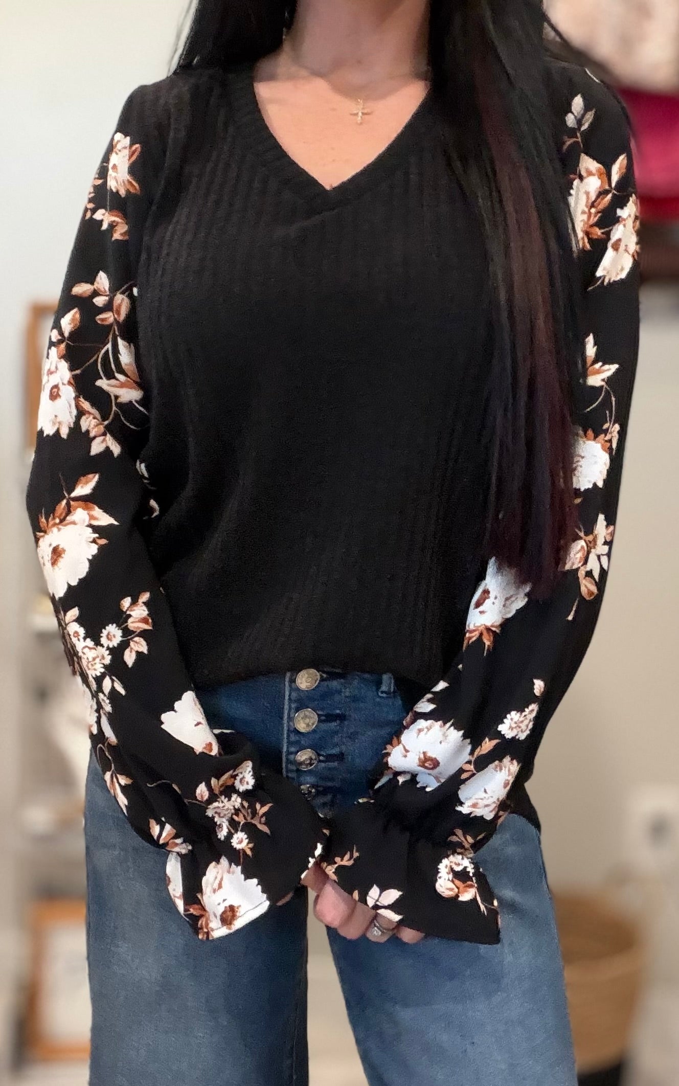 Floral Sleeve Ribbed Top