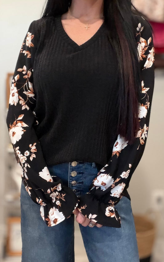 Floral Sleeve Ribbed Top