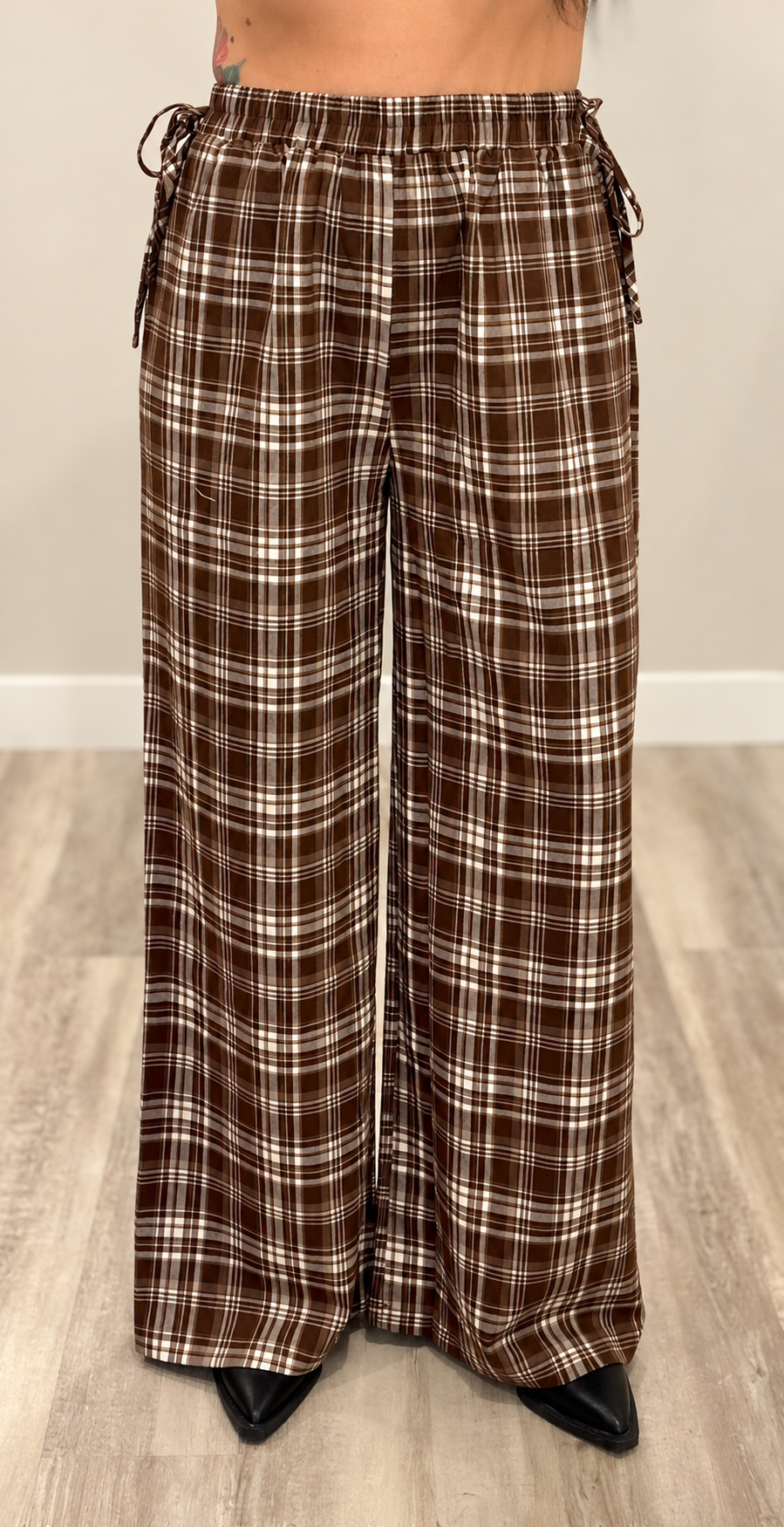 Plaid Straight Leg Waist Tie Pants
