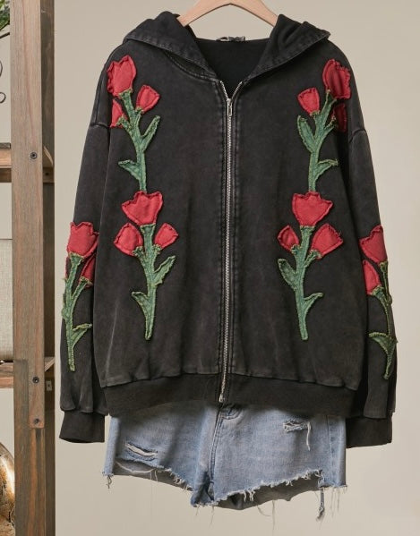 Embroidered Floral Zip Up Hoodie 