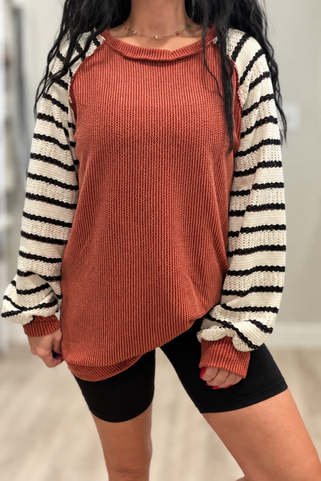 Rust ribbed contrast sleeve top