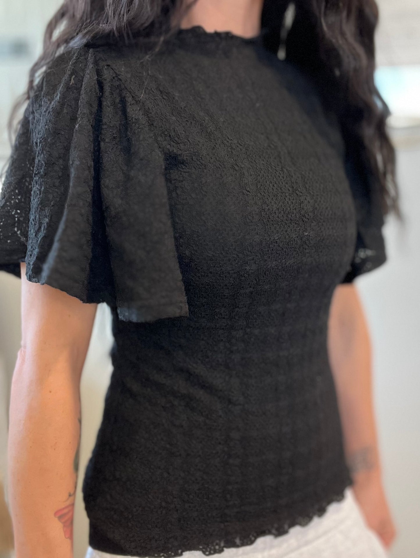 Black Lace Flutter Sleeve Top