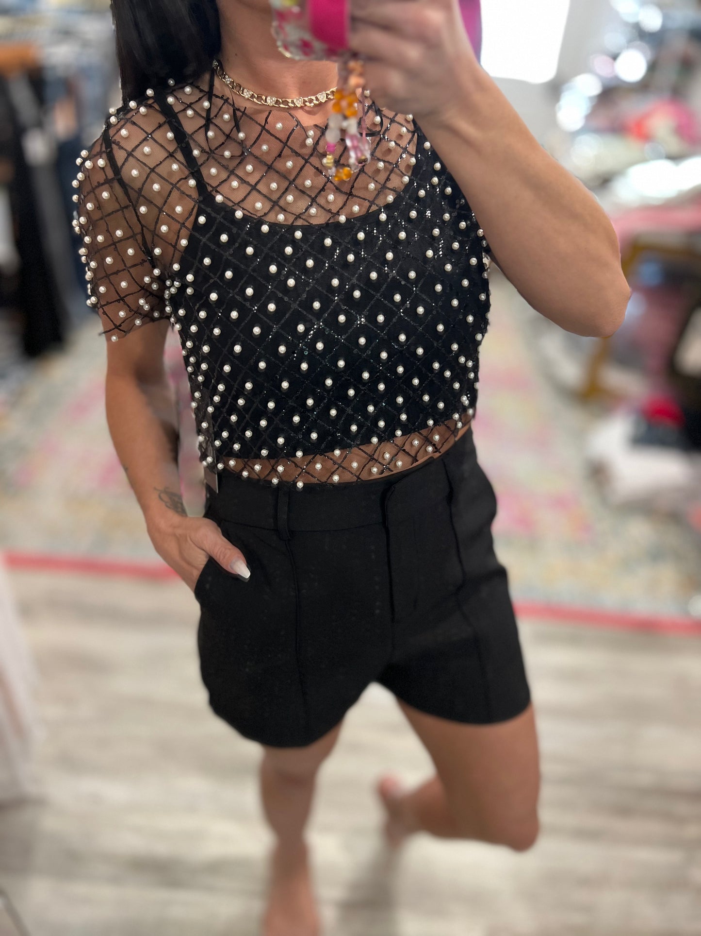 Sparkle Mesh Pearl Crop Top