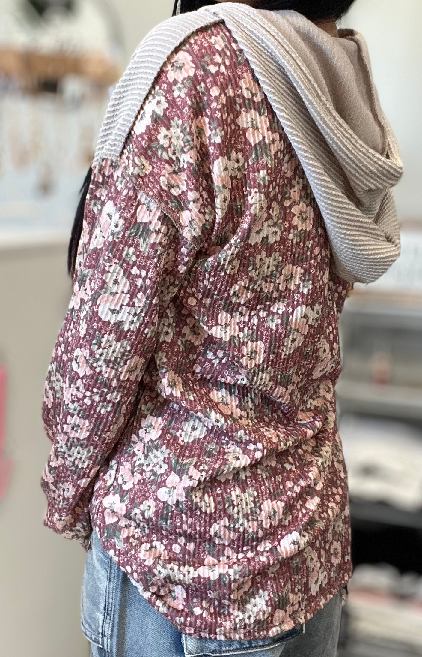 Floral Ribbed Hooded Henley Top