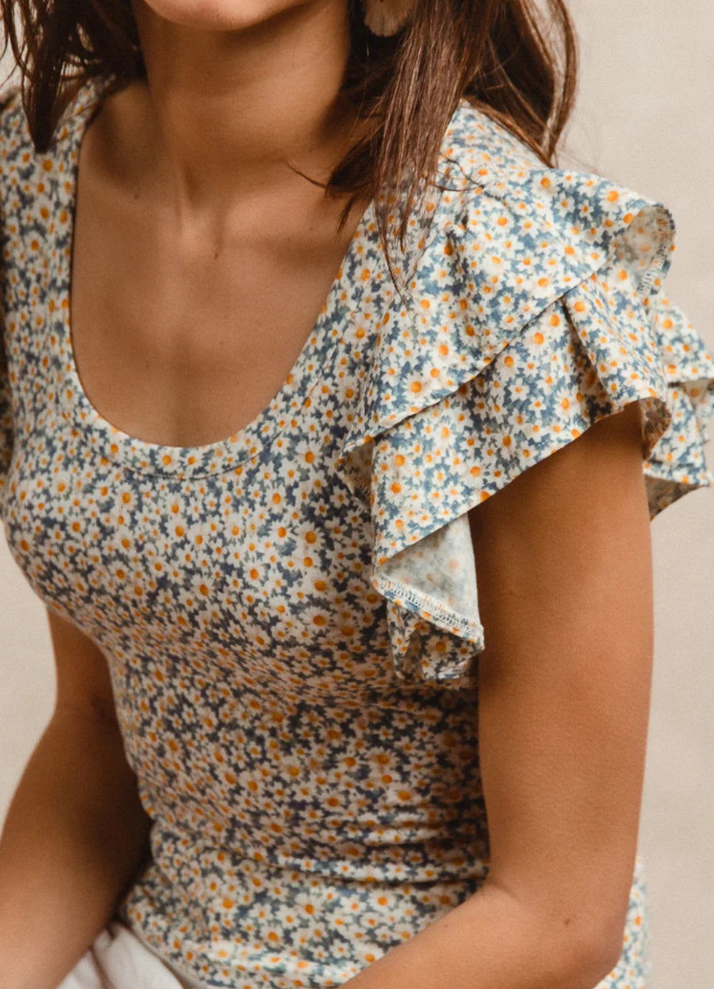 Dusty Blue Ruffle Sleeve Top