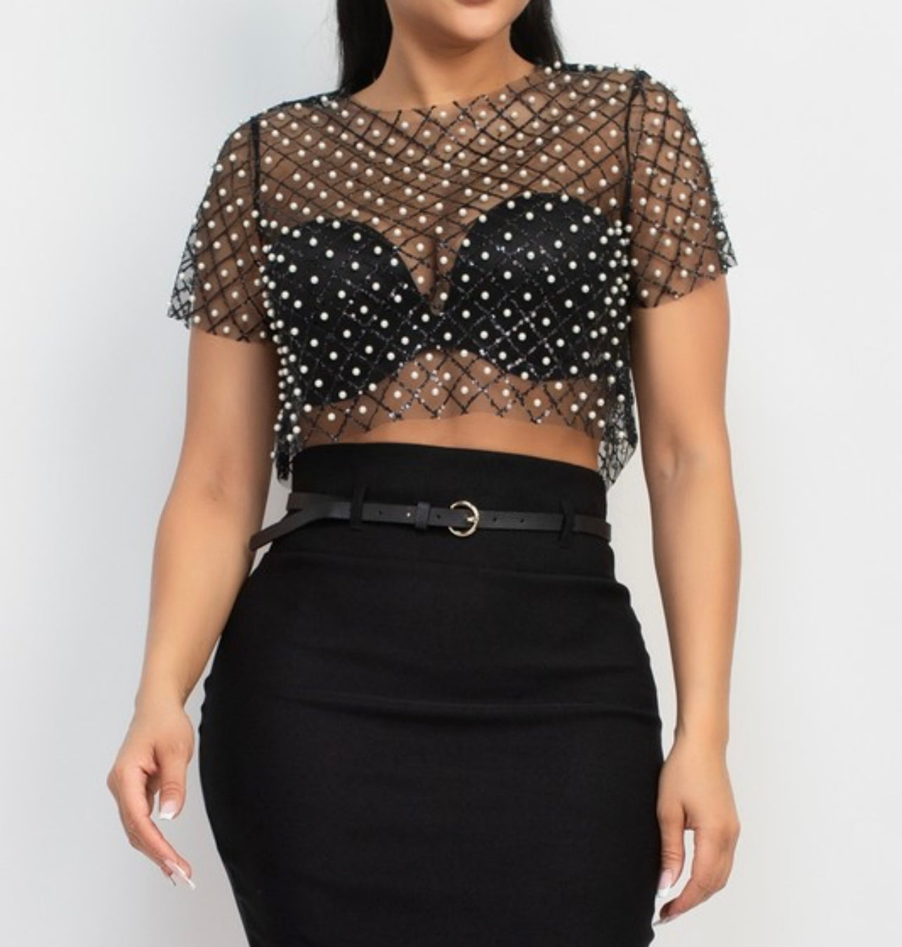 Sparkle Mesh Pearl Crop Top