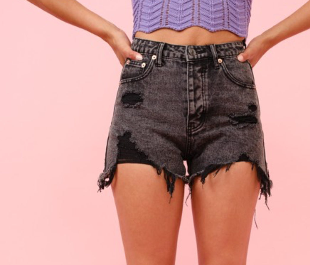 Washed Black Daisy Denim Shorts