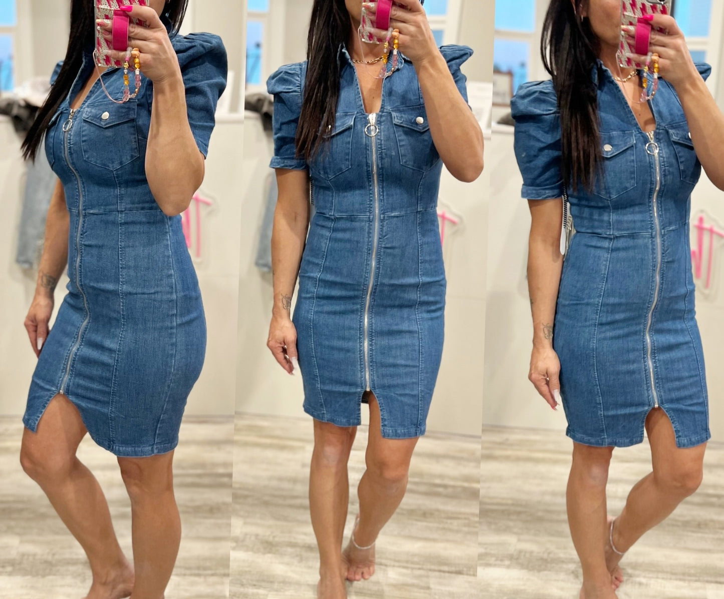 Puff Sleeve Zip Up denim Dress