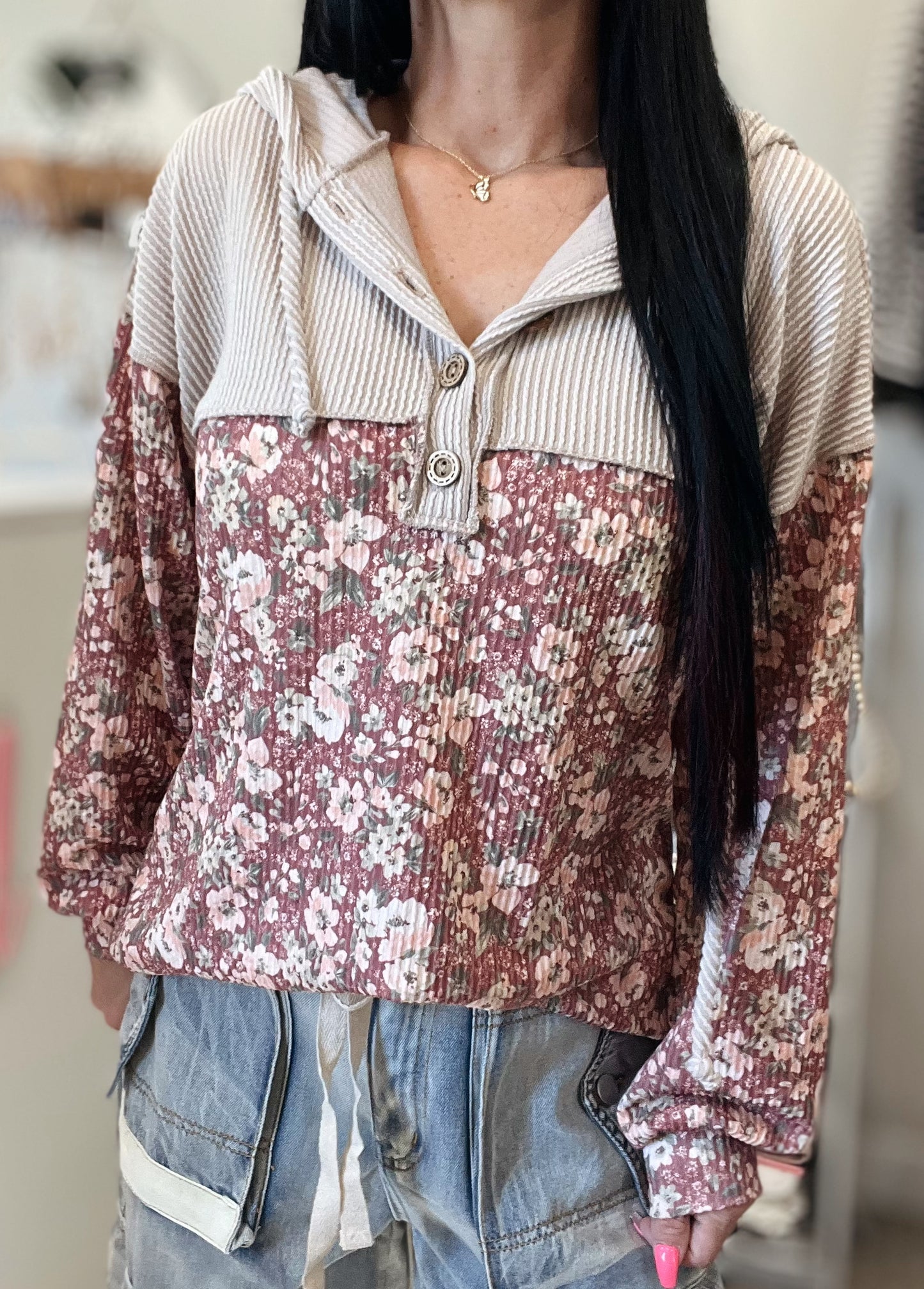 Floral Ribbed Hooded Henley Top