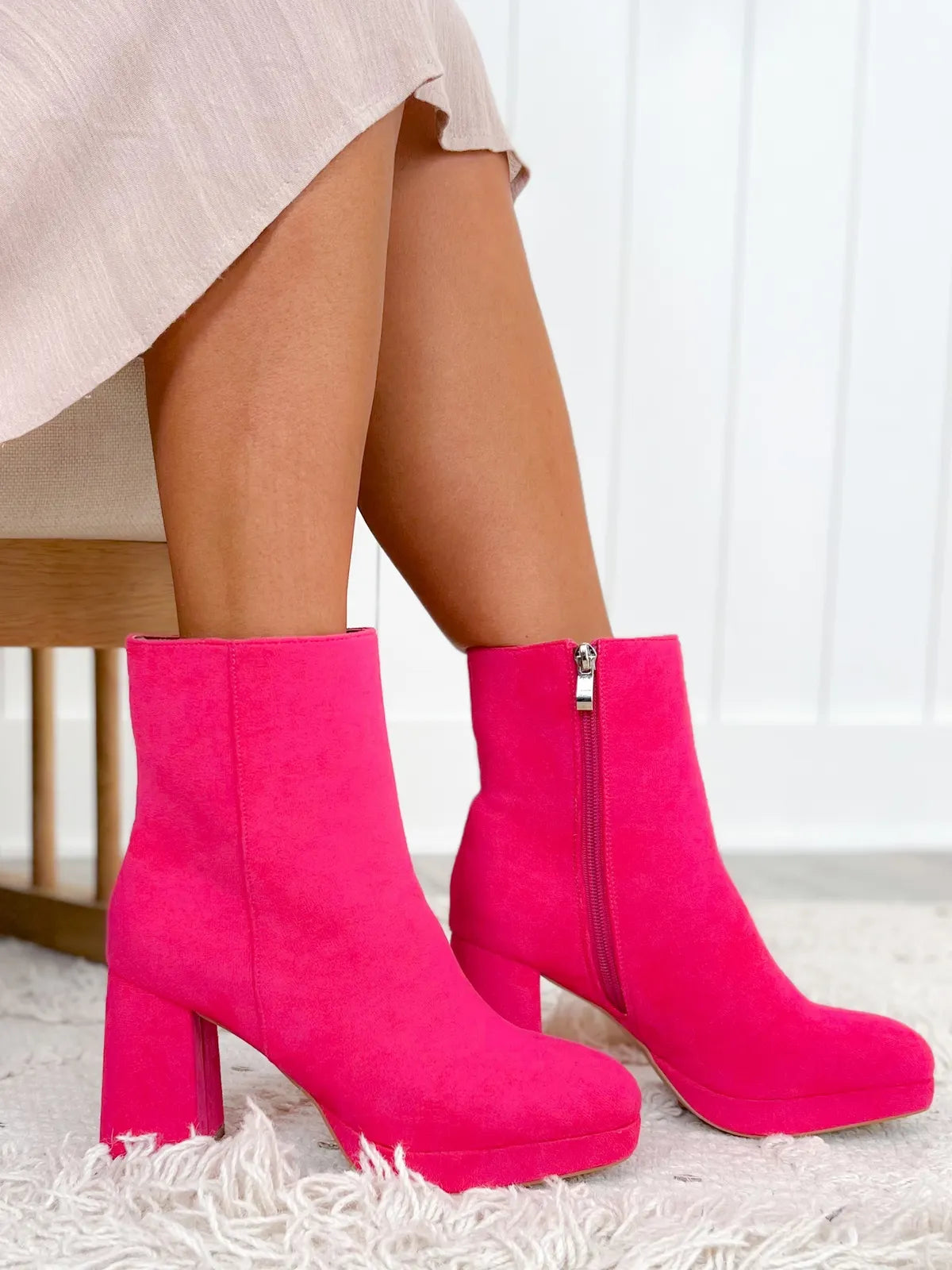Shut the Front Door Chunky Fuchsia Suede Booties
