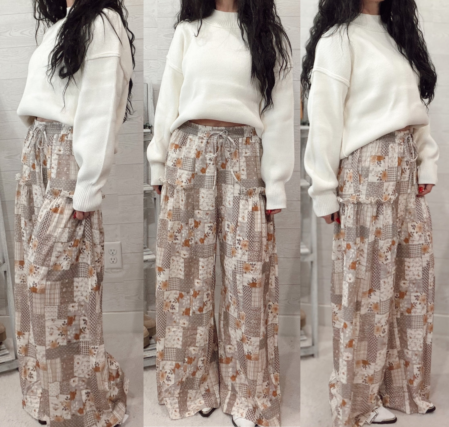 PATCHWORK PRINT TEXTURED KNIT WIDE LEG PANTS