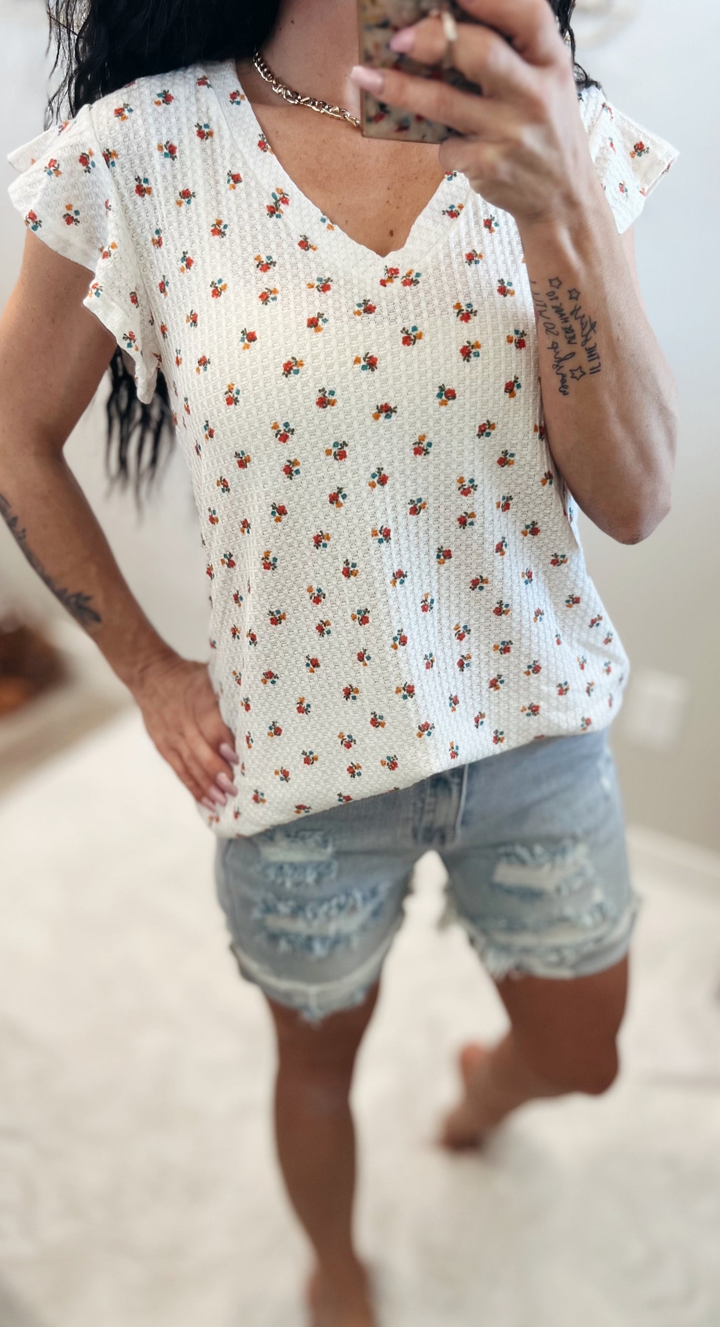 Floral Ruffle Waffle Knit Top