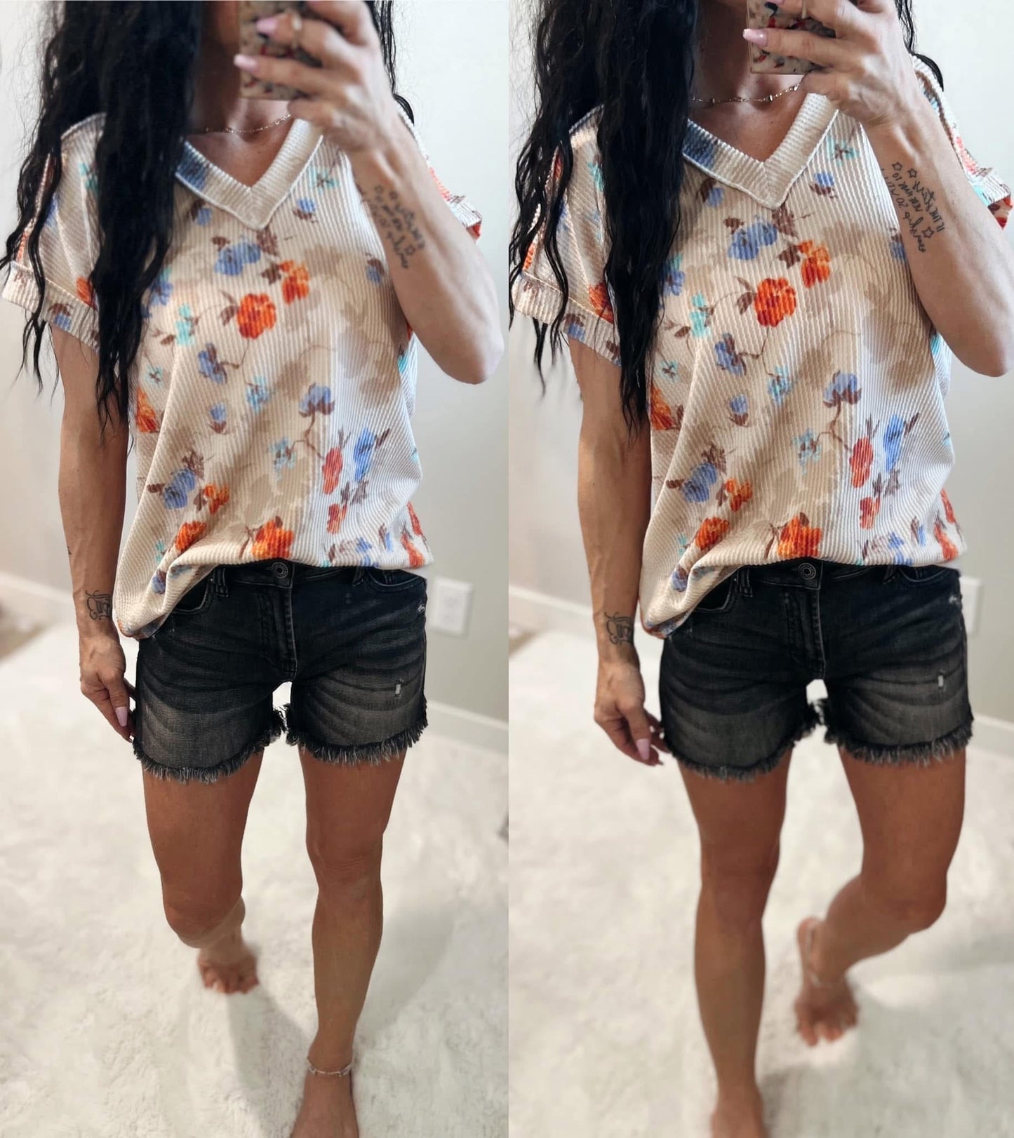 Ribbed Floral V Neck Top