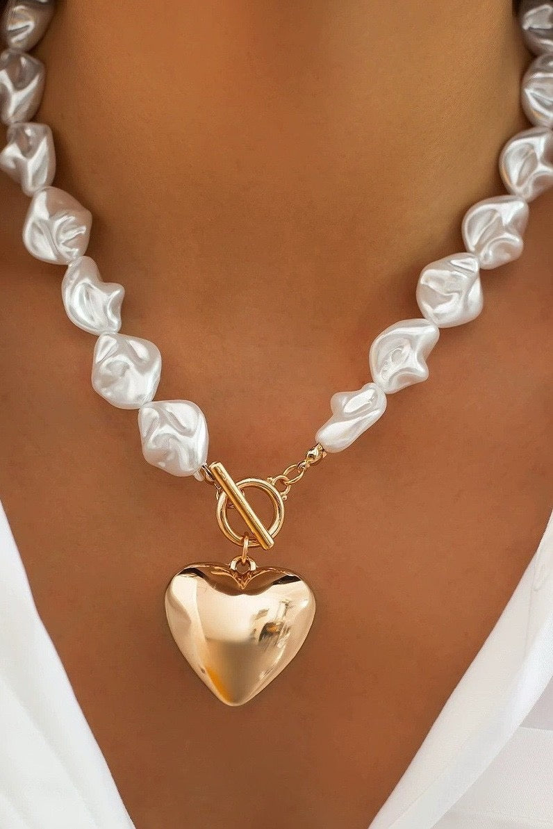 Beaded Pearl Heart Charm Toggle Necklace