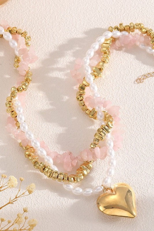 Pearl and Stone Beaded Heart Necklace