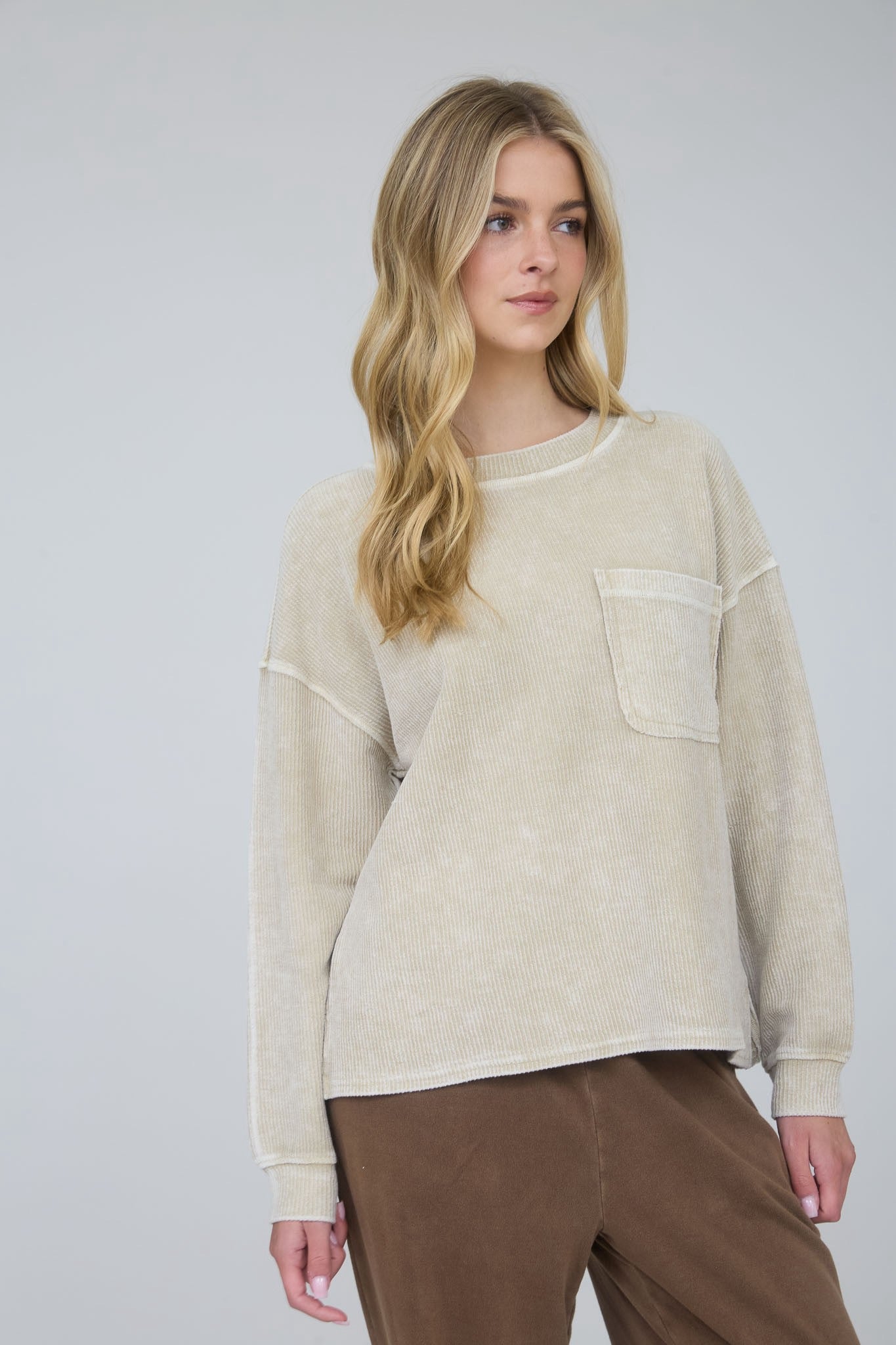 Washed Ribbed Long Sleeve Knit Top