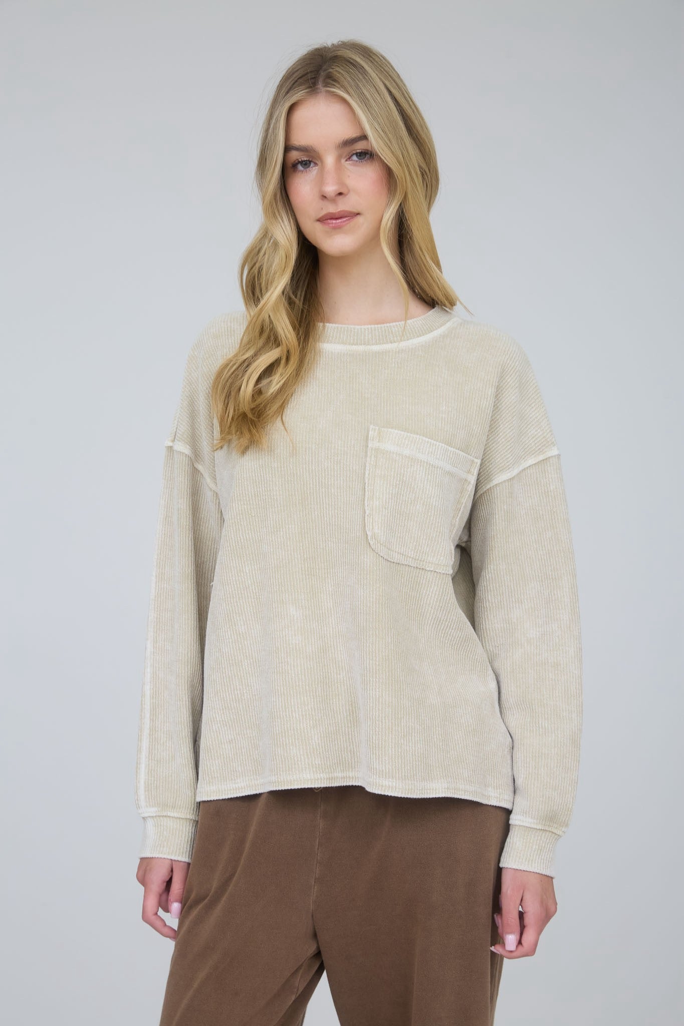 Washed Ribbed Long Sleeve Knit Top