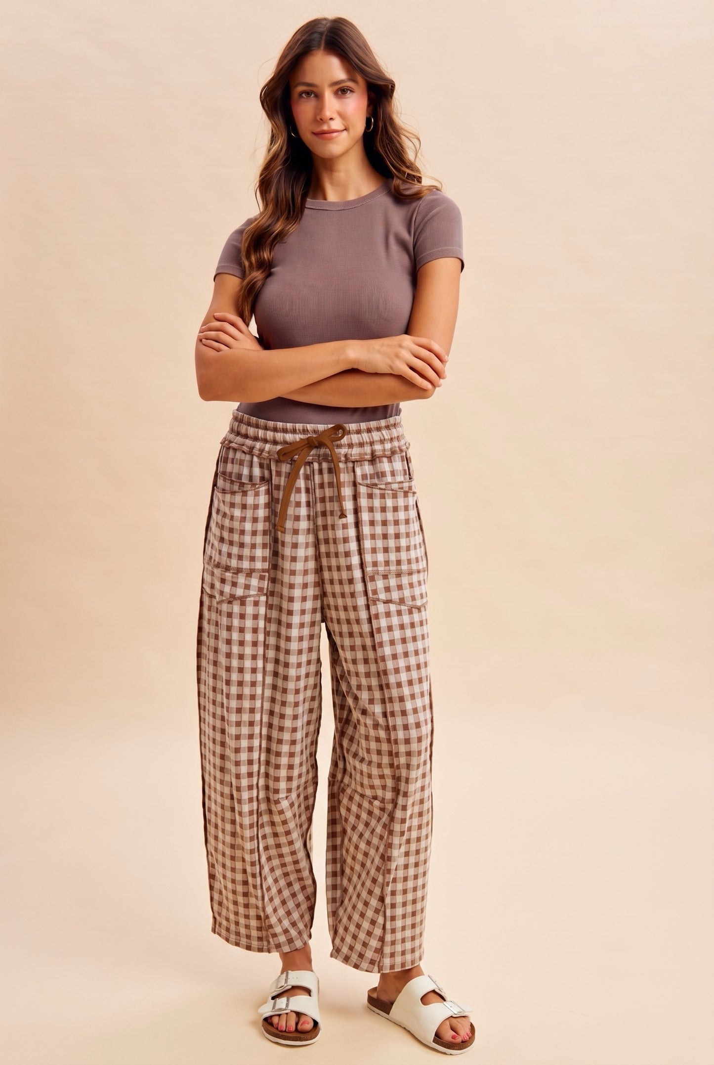 Soft Brushed Knit Barrel Check Pants