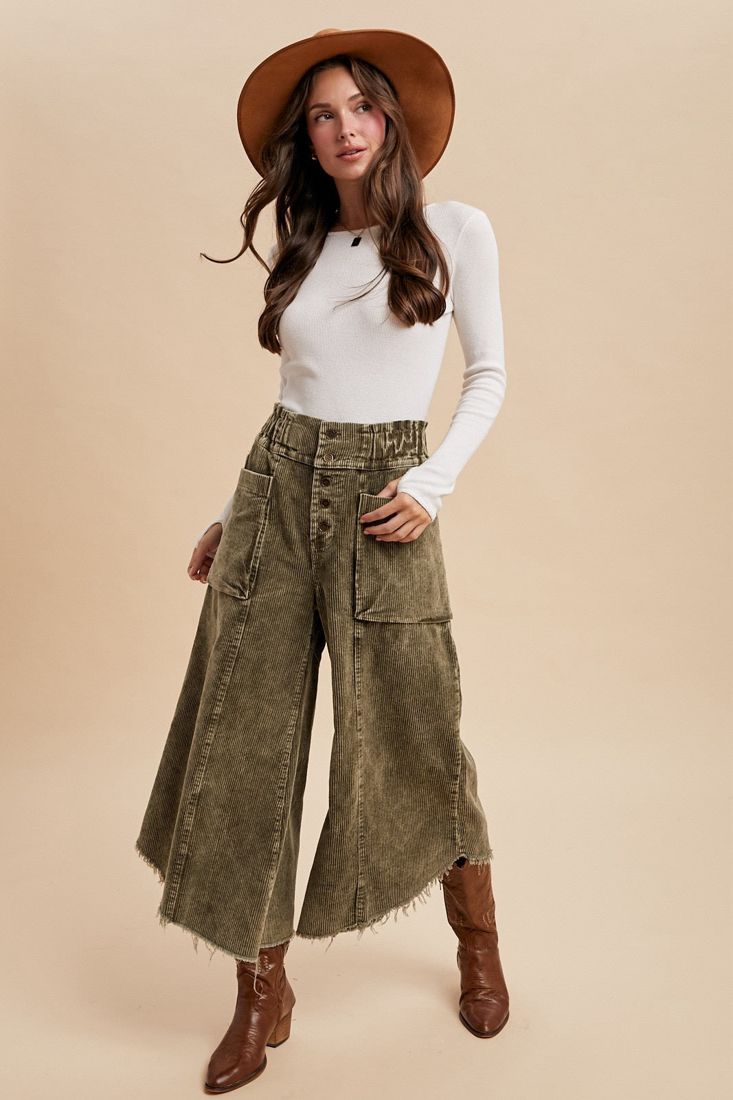 Olive Corduroy Wide Pants