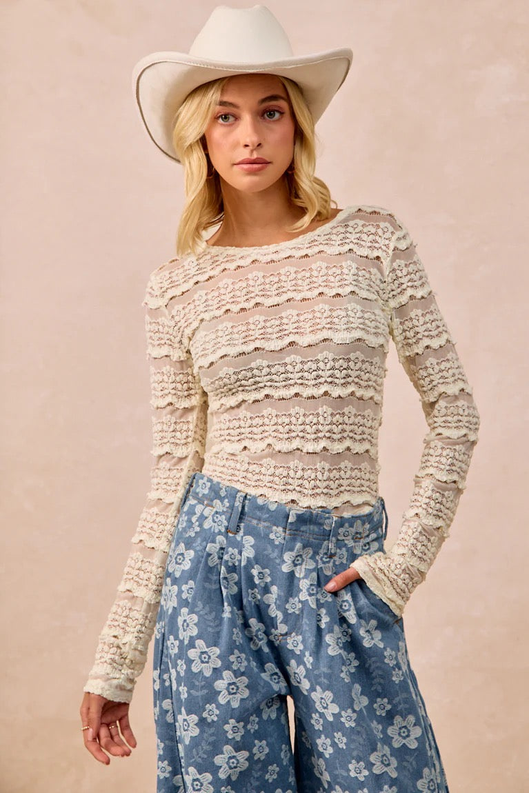 RUFFLES DETAIL FLOWER LACE TOP