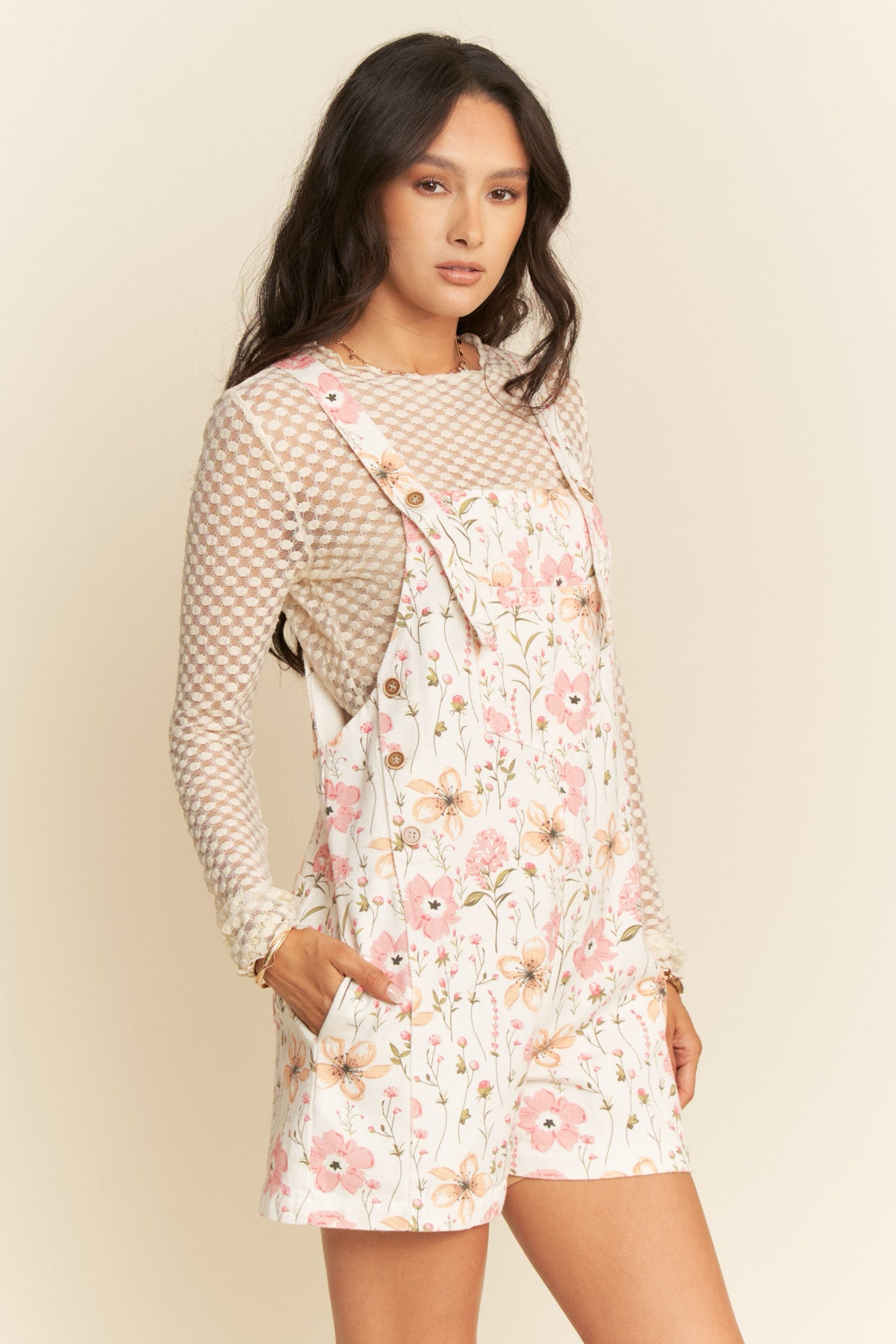 Denim Floral Short Overalls