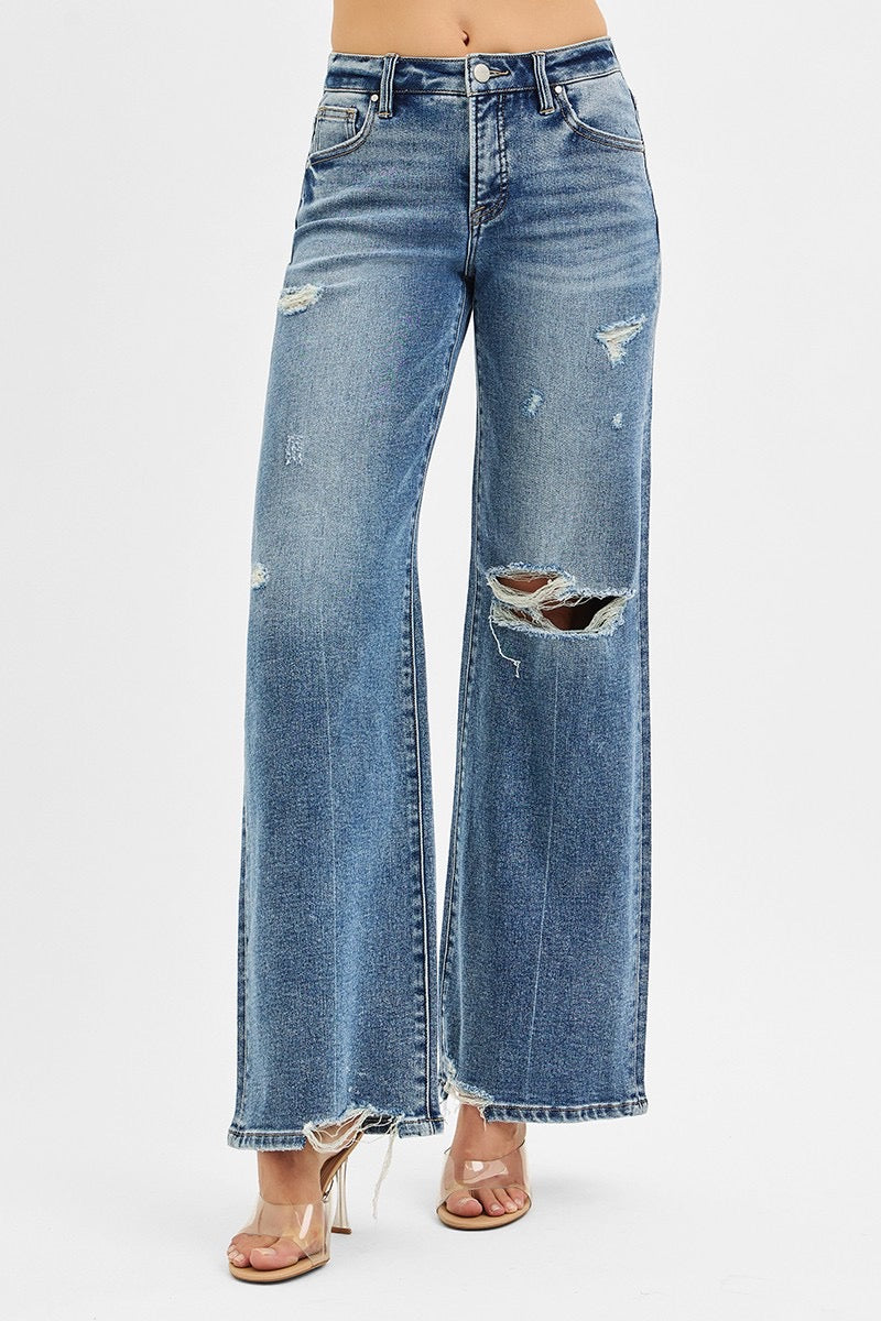 Risen Wide Leg Mid Rise Denim