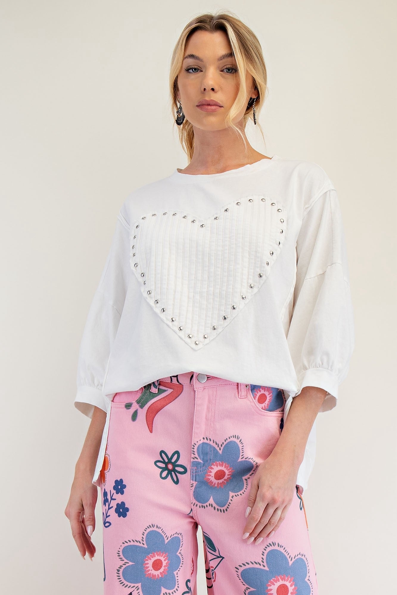 Easel Studded Heart Patch Knit Top