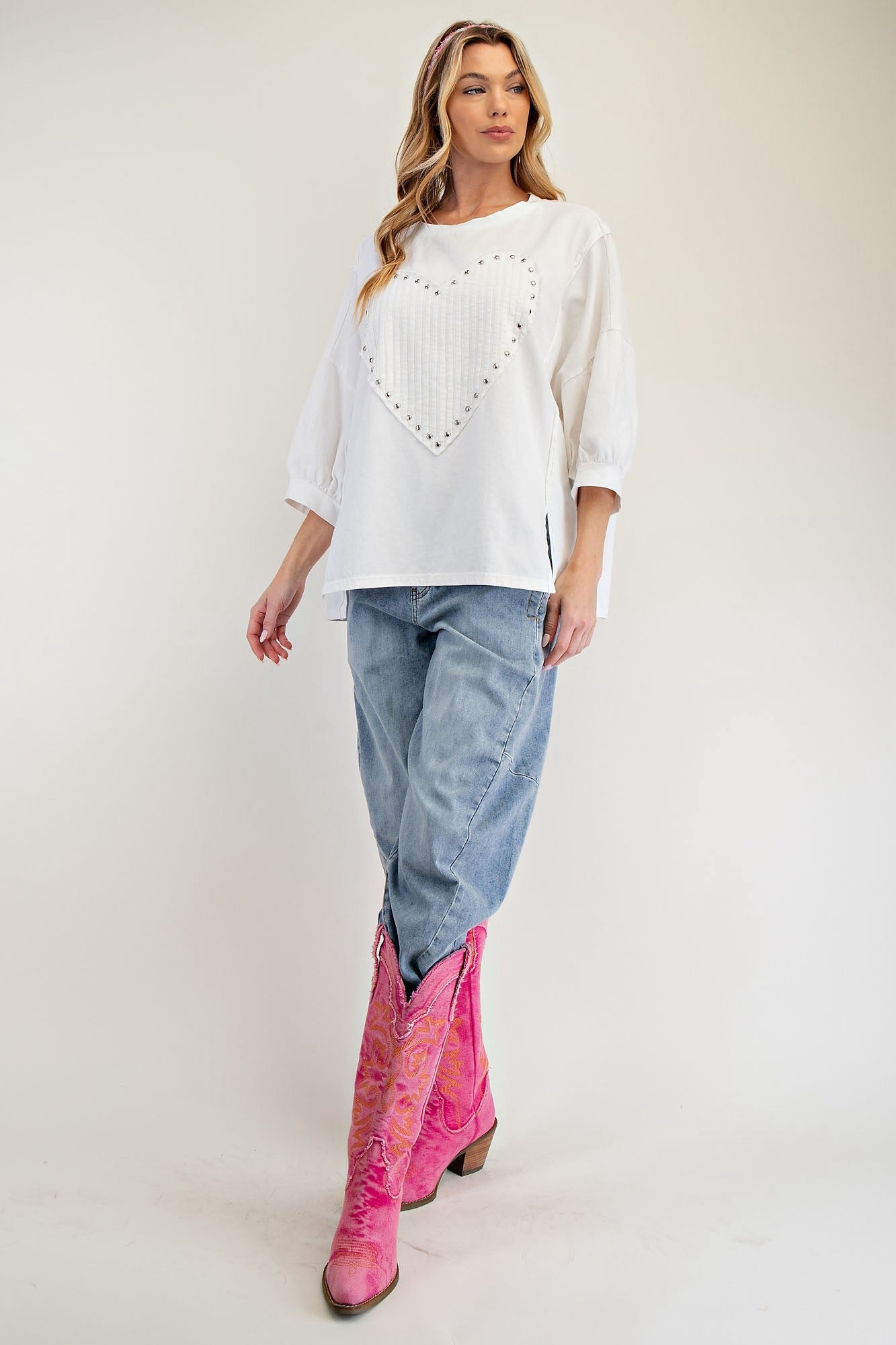 Easel Studded Heart Patch Knit Top