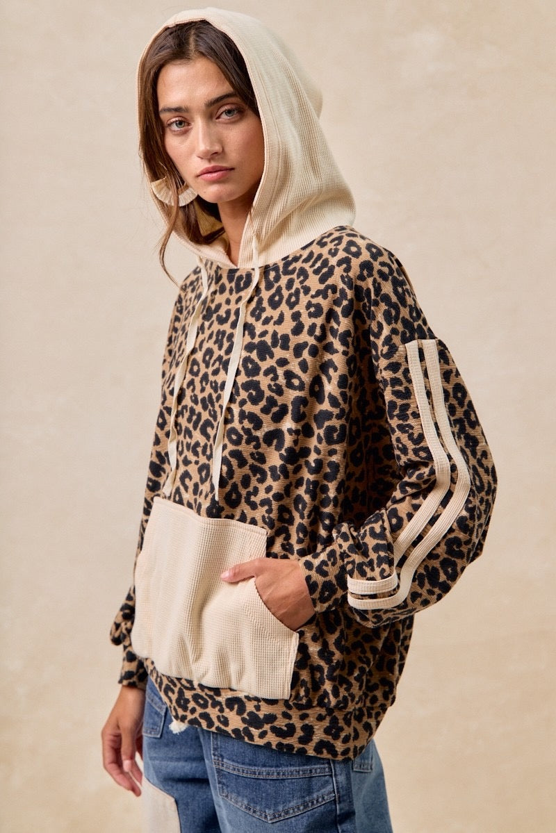 Thermal Waffle Leopard Hoodie Top