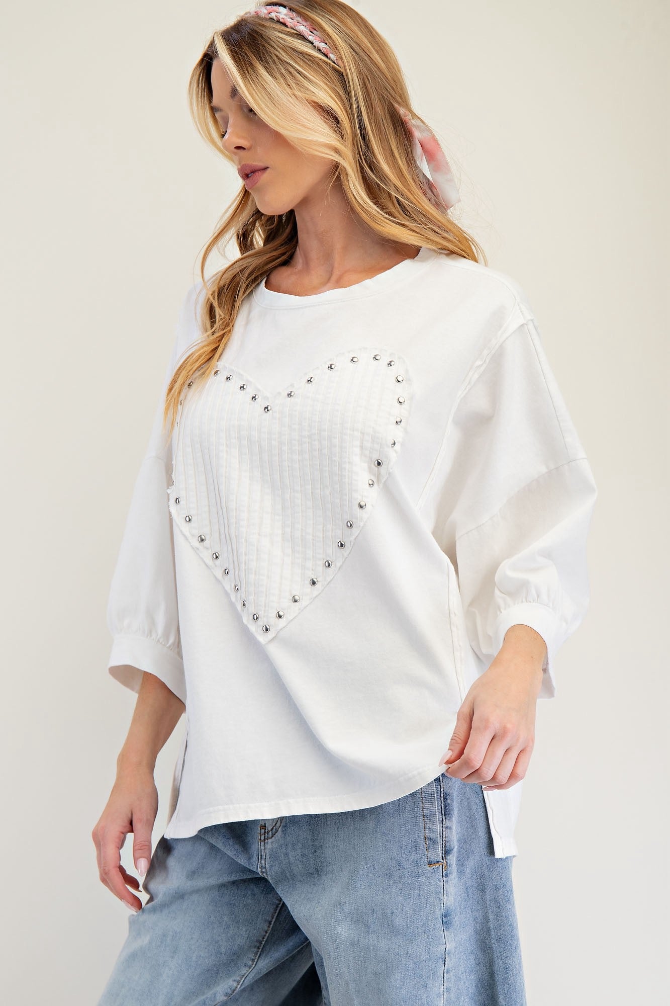 Easel Studded Heart Patch Knit Top