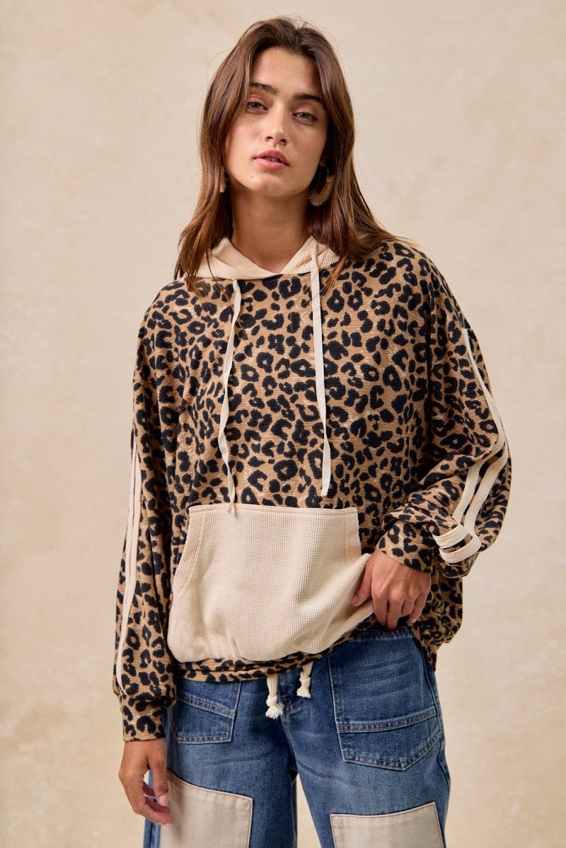 Thermal Waffle Leopard Hoodie Top