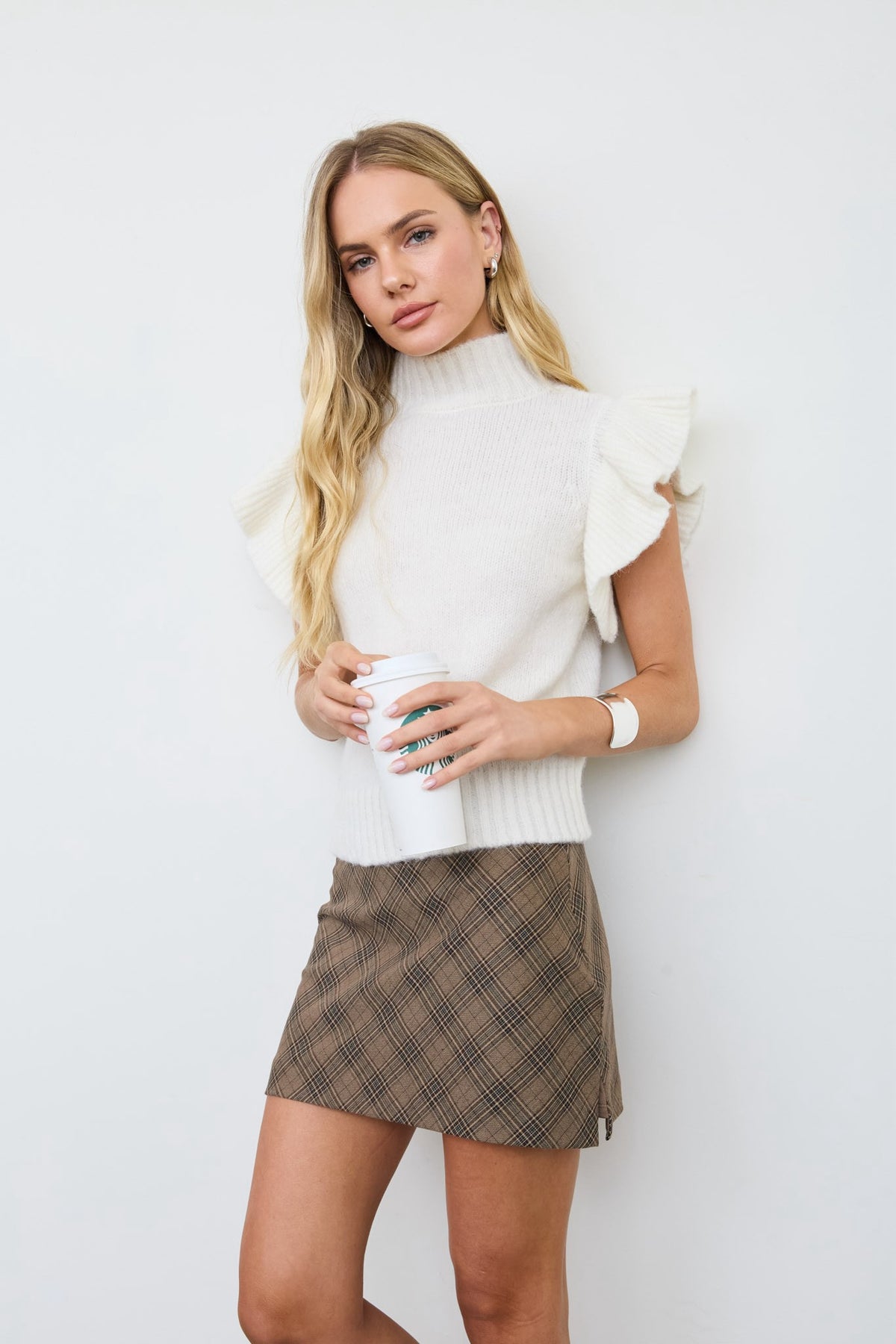 Ribbed Ruffle Sleeve Mock Neck Sweater