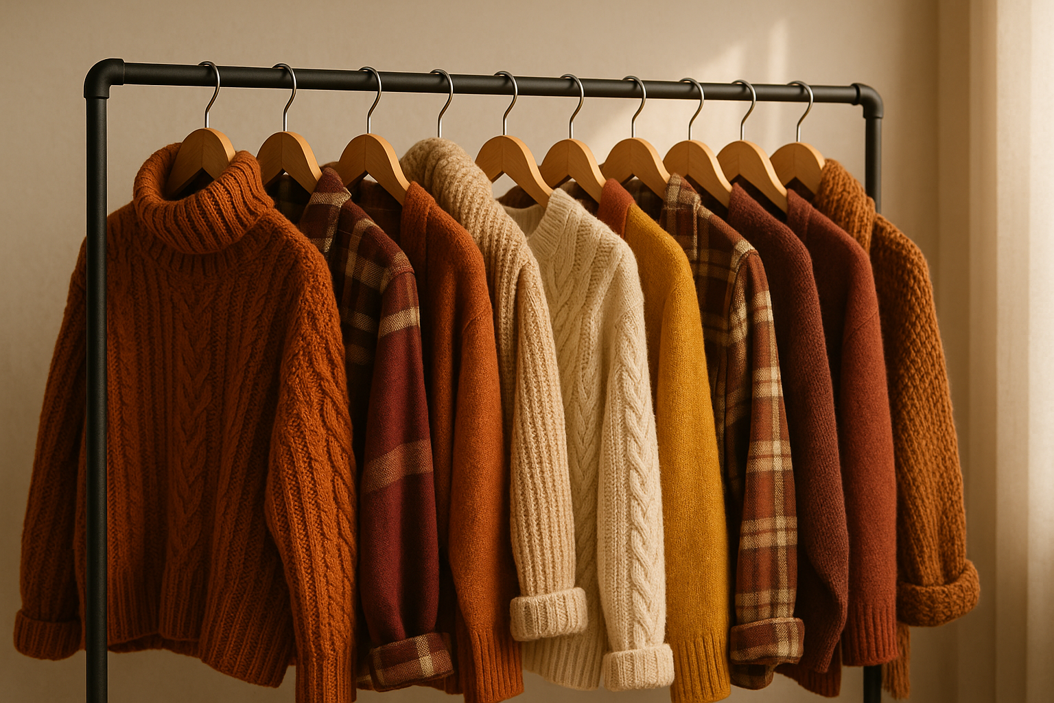 warm and cozy fall clothing on a clothing rack