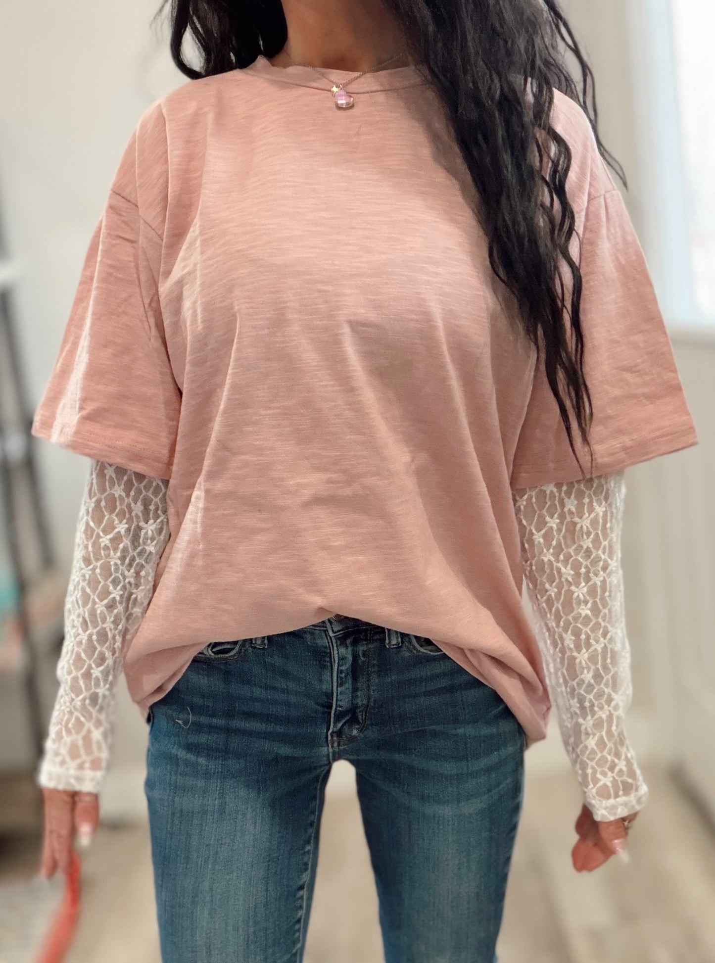 Mauve Lace Sleeve Tee