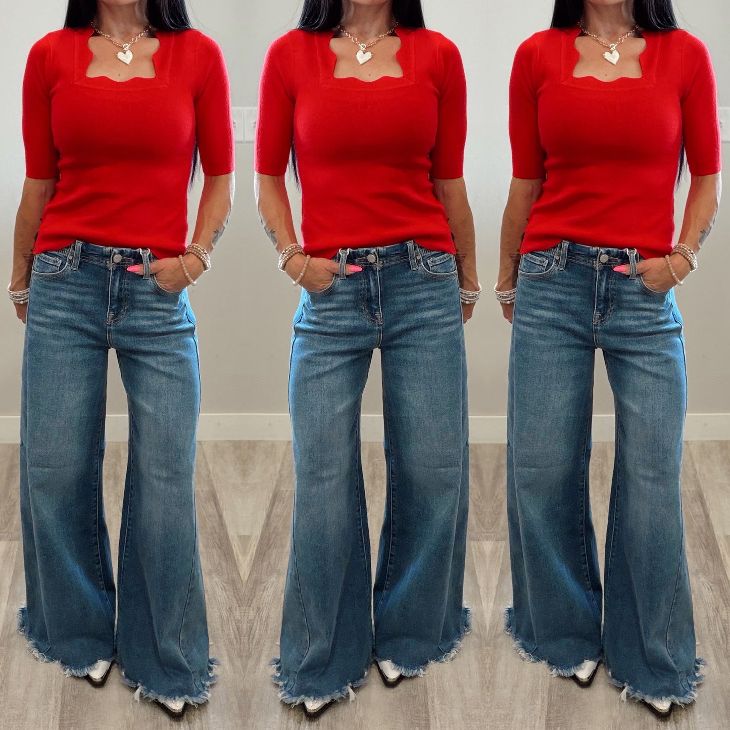 Risen Raw Hem Wide Leg Denim